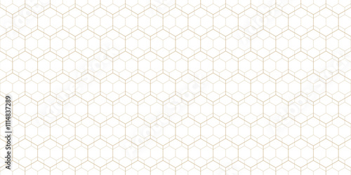 Minimalist geometric seamless pattern. Subtle golden vector linear texture with hexagon grid, delicate minimal lattice, net, diamonds. Gold and white outline abstract background. Repeat luxury design