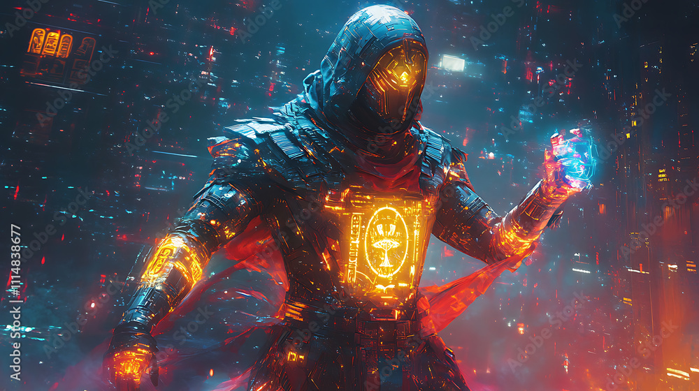 A futuristic Egyptian god in glowing armor, holding a powerful artifact, set against a cyberpunk landscape with neon elements and holographic symbols A futuristic Egyptian god in glowing armor, holding a powerful artifact, set against a cyberpunk landscape with neon elements and holographic symbols