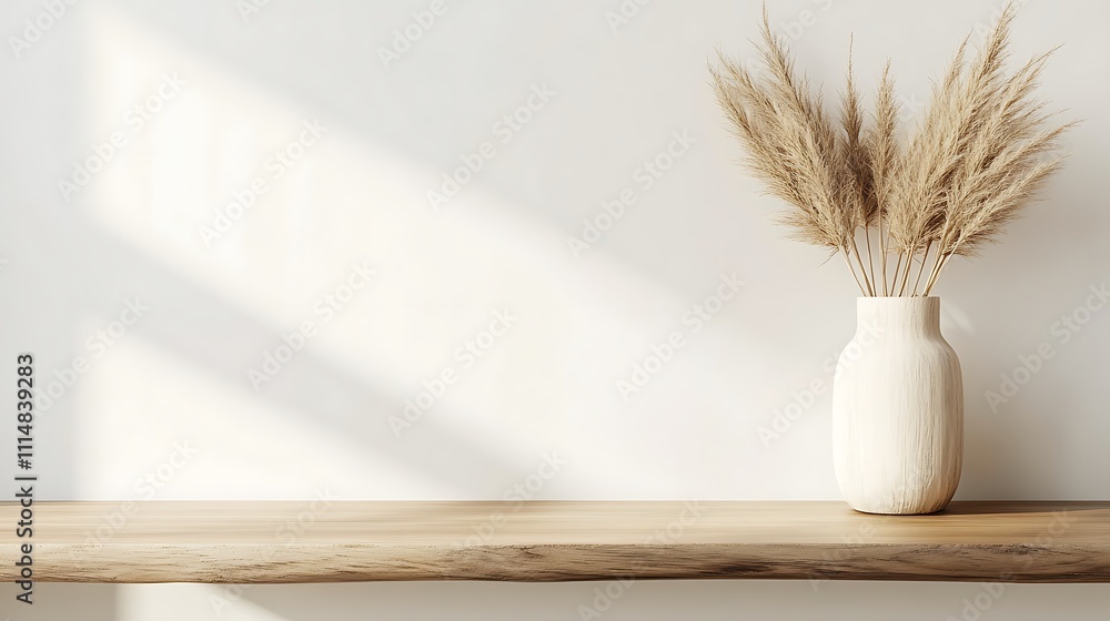 Naklejka premium A minimalist shelf with a vase of dried pampas grass against a light wall.