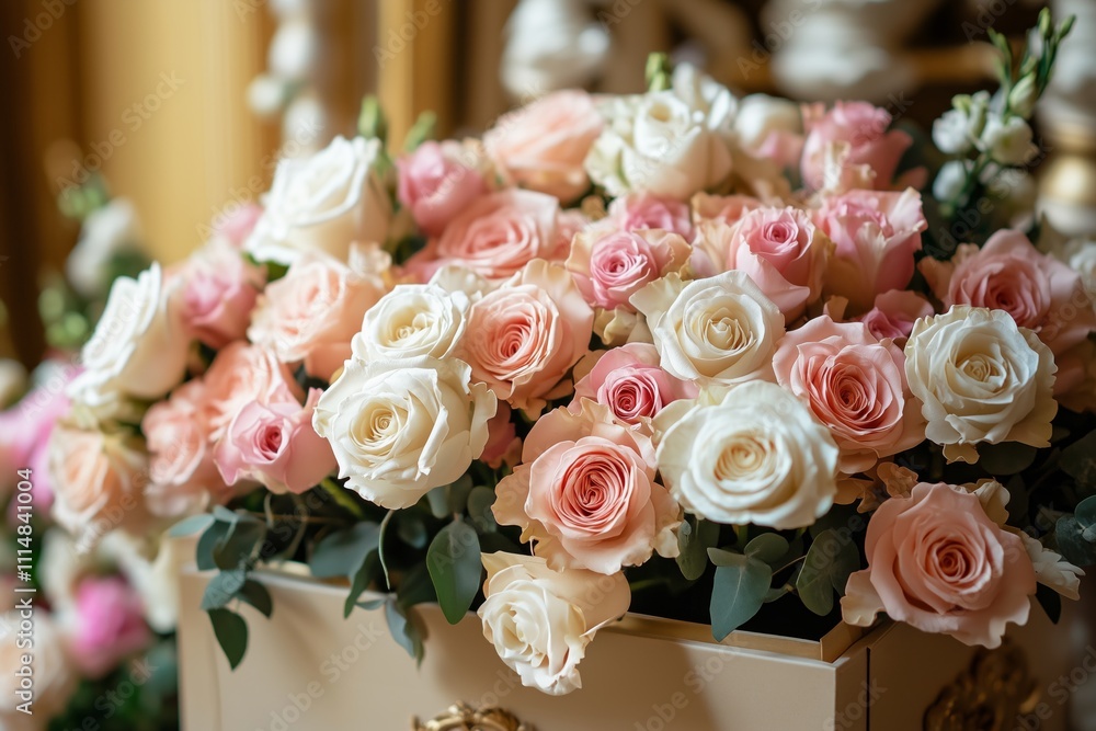 Obraz premium A lush bouquet of pink and white roses in an elegant arrangement with greenery.