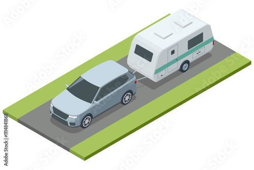 Isometric SUV car truck and Caravan trailer. SUV car truck with bicycles on the roof and towing RV. Family road trip. Towing RV. Family vacation travel, holiday