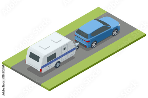 Isometric SUV car truck and Caravan trailer. SUV car truck with bicycles on the roof and towing RV. Family road trip. Towing RV. Family vacation travel, holiday