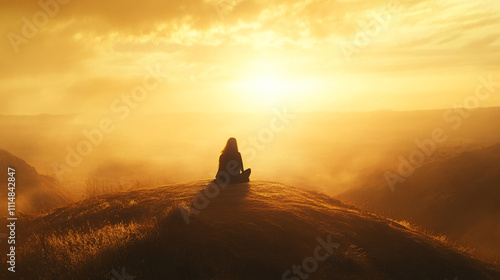 A figure lost in contemplation on a hill, as the sun casts a golden glow over the landscape. photo