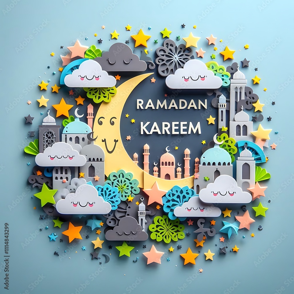 Obraz premium Ramadan Kareem Festive Crescent Moon Cityscape Design