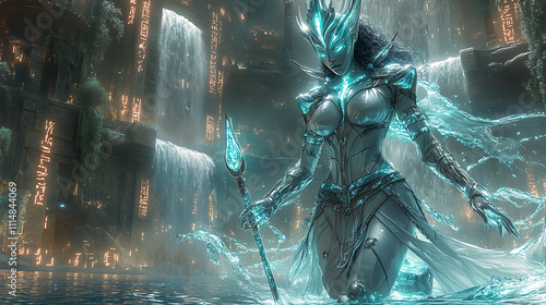 Tefnut in glowing aqua and silver armor, wielding an energy trident, surrounded by a cybernetic oasis with neon waterfalls and holographic waves photo