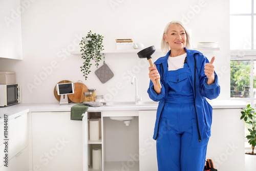 Mature female plumber with ...