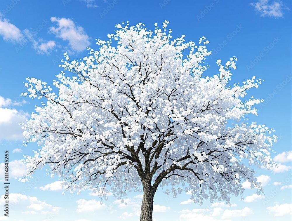 Fototapeta premium Aesculus tree covered in white flowers against blue sky, tall tree, branches, season, clear