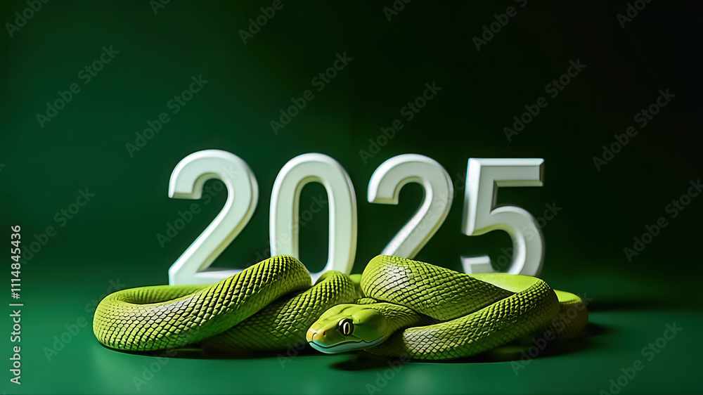 A snake coiled next to the number 2025.. A snake coiled next to the number 2025..