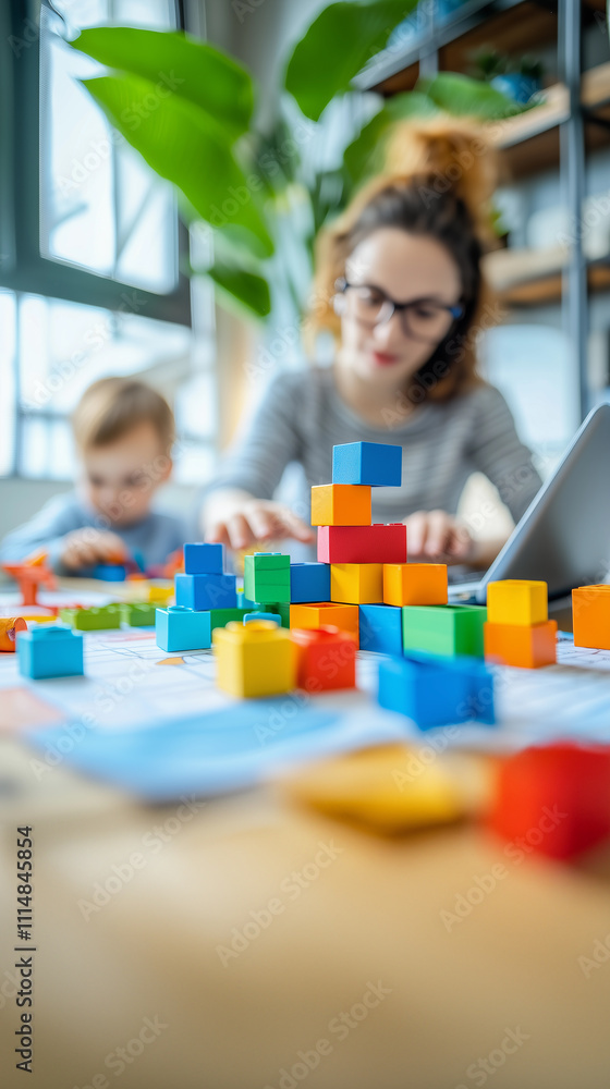 A playful and colorful children's game is set on a desk, while in the background, a happy smiling mother works from home, caring for and playing with her child