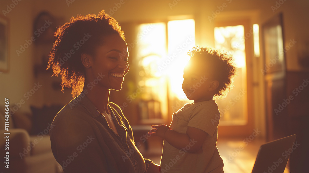 A happy, smiling brunette mother is playing with her child while working on her laptop at home, illuminated by backlighting in the living room