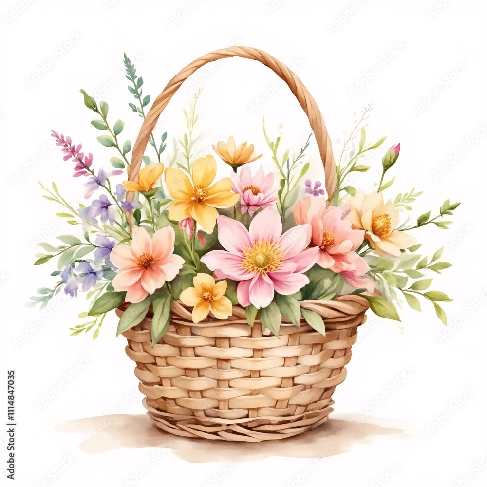 Obraz premium Beautiful wicker basket filled with colorful flowers on a white background for decoration