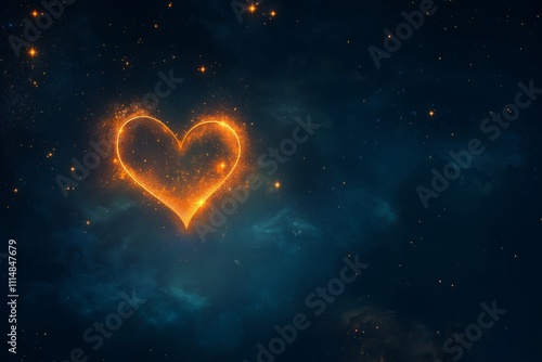 Bright glowing heart symbol against a starry background at night, copy space