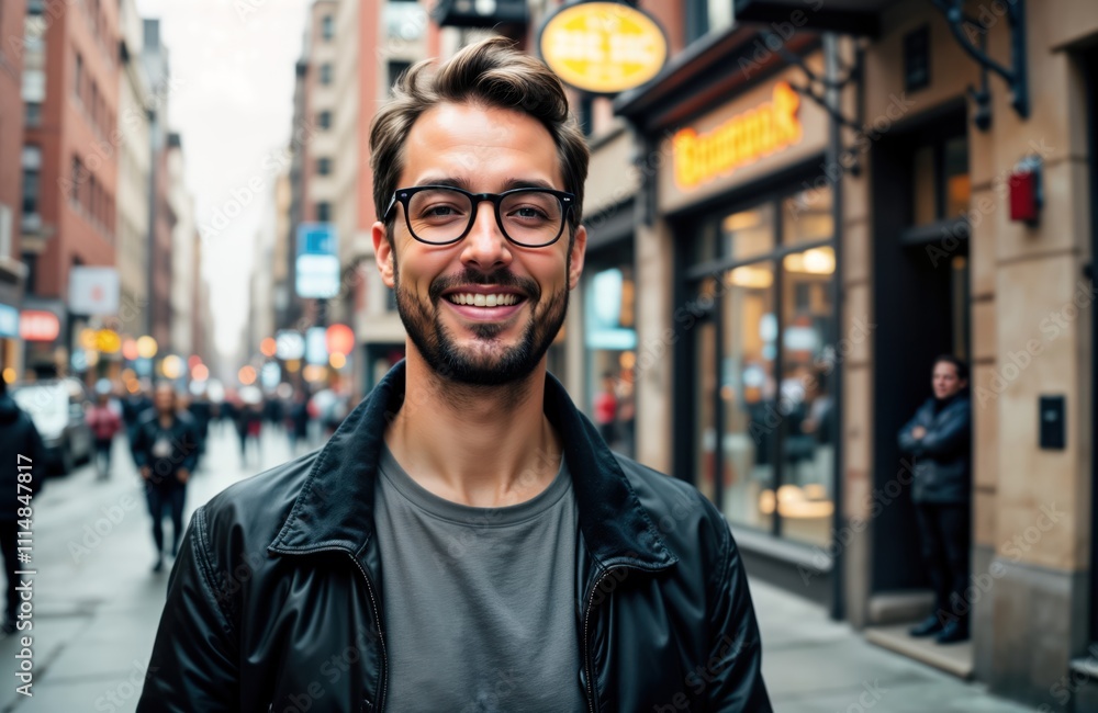 Caucasian man smiles happily in urban setting. Wears glasses, casual outfit. City street environment. Everyday life photo. Man appears relaxed, positive. Urban fashion subject. Portrait of man. Photo Caucasian man smiles happily in urban setting. Wears glasses, casual outfit. City street environment. Everyday life photo. Man appears relaxed, positive. Urban fashion subject. Portrait of man. Photo