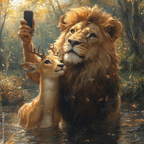 A humorous AI-generated illustration featuring a lion and deer taking a selfie together in a peaceful forest scene. The lion holds the smartphone confidently, capturing their friendly bond amid photo