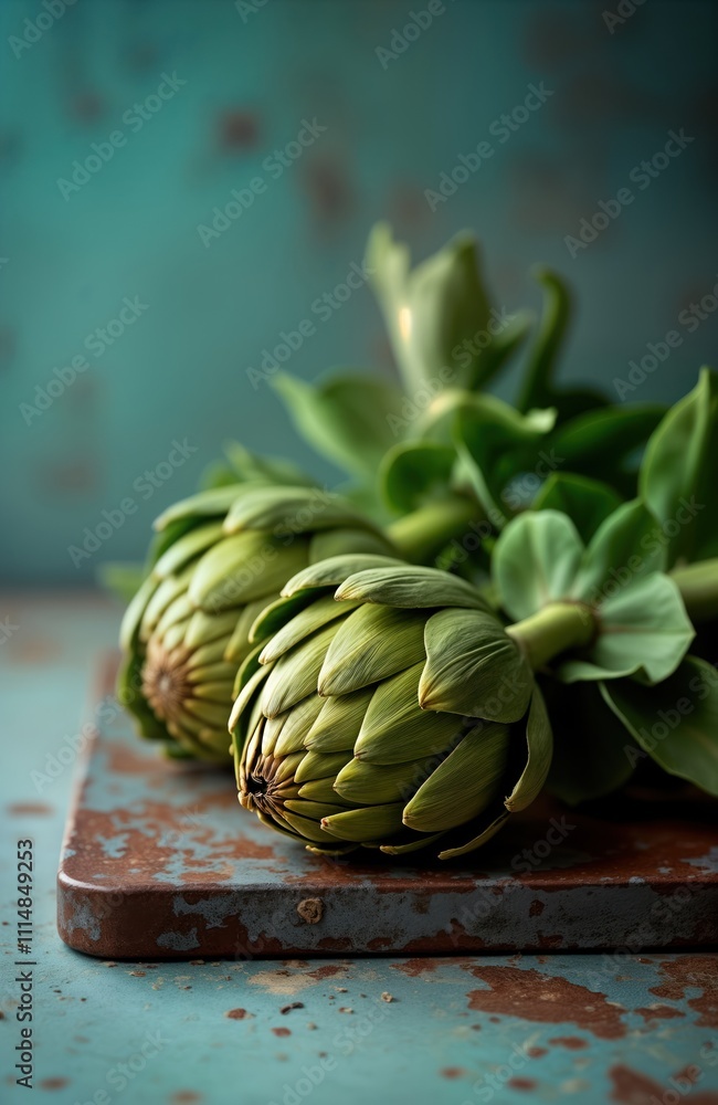 Fototapeta premium Fresh artichokes sit on rustic metal surface. Close up view of two green artichoke heads. Healthy, organic vegetable display. Ideal for culinary photography. Raw food photography. Excellent image for