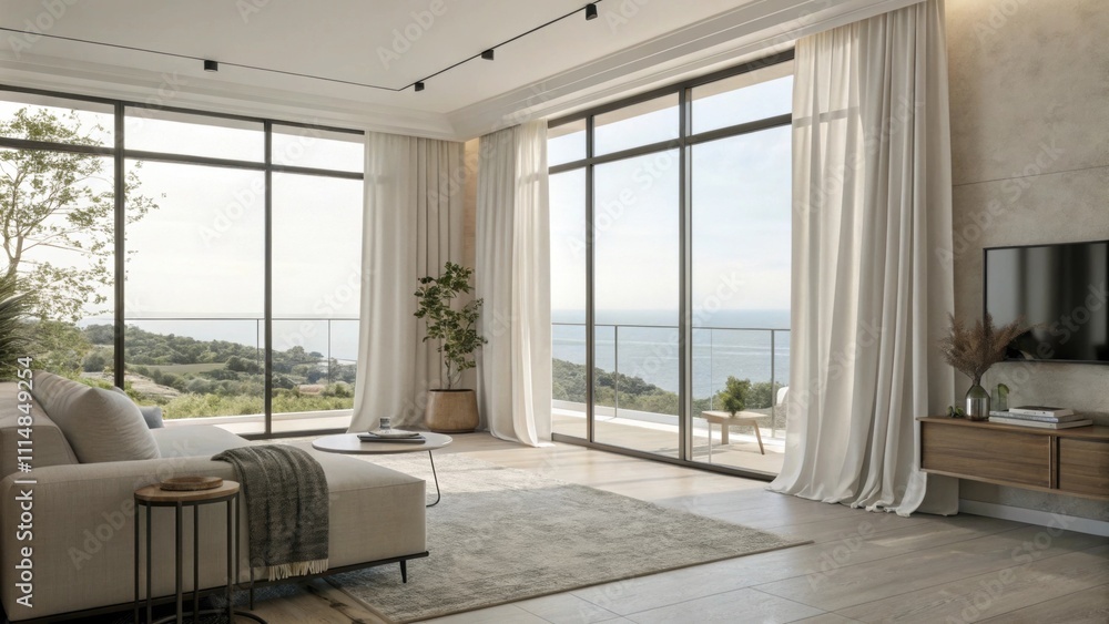 Fototapeta premium Large framed windows illuminate the area allowing natural light to flood in. Soft linen curtains sway slightly adding a touch of softness that contrasts with the sy furnishings and