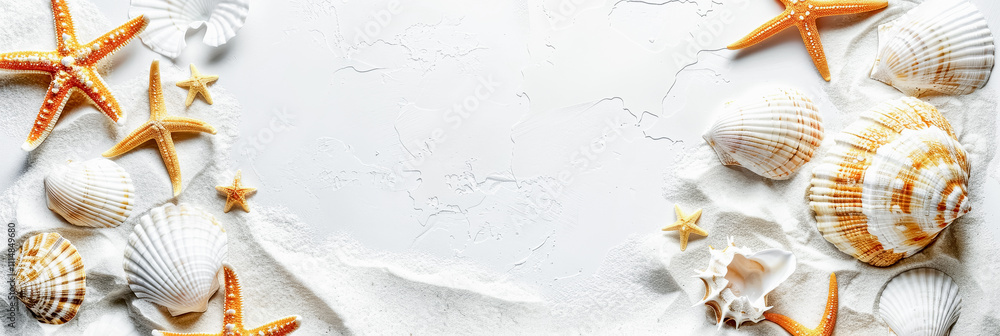 Obraz premium Bright summer beach background with sea shells and starfish on a white sandy surface. Copy space