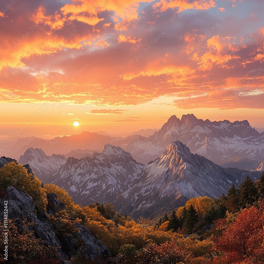 Obraz premium A panoramic shot of a mountain range with a stunning sunset and autumn colors, natural beauty, colorful sky