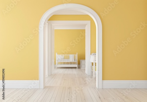 An arched doorway leading to a baby s room with a crib. dresser. and changing table photo