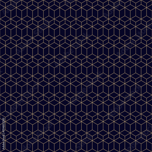 Golden minimal seamless pattern with hexagonal lattice, cubic linear grid. Premium black and gold geometric texture with thin lines. Abstract minimalist luxury background. Repeated vector geo design