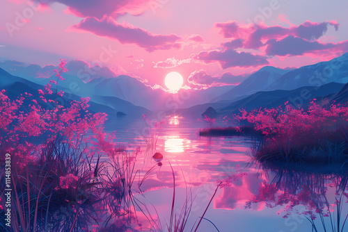 A serene landscape at sunset, featuring vibrant pink hues over a tranquil lake surrounded by mountains and blossoming flora.