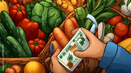 person holding money while shopping for fresh vegetables and fruits at market