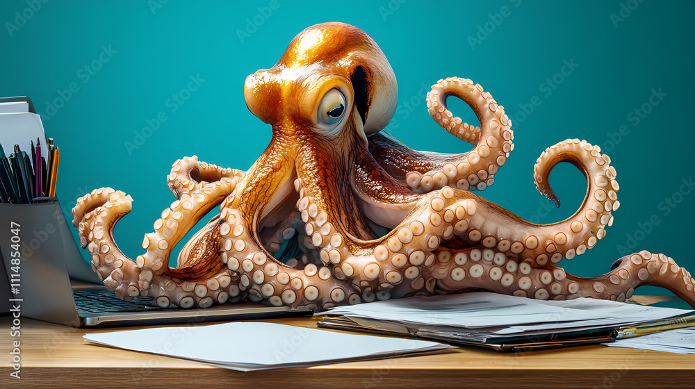 Fototapeta premium An octopus managing multiple tasks at a desk, symbolizing multitasking and work organization