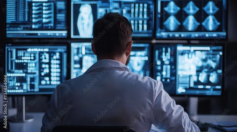 A medical professional analyzes data on multiple screens in a dimly lit environment, focusing on imaging technology and patient diagnostics. A medical professional analyzes data on multiple screens in a dimly lit environment, focusing on imaging technology and patient diagnostics.