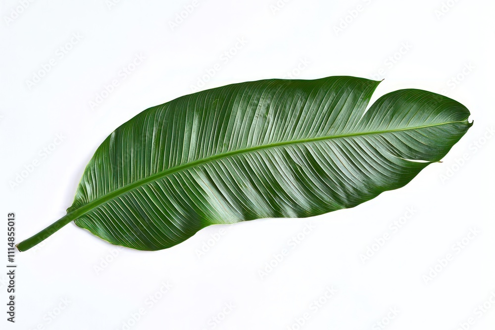 Fototapeta premium Long green leaf isolated on a white background, banana leaf detail