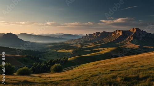 Panoramic sunset view of rolling hills and majestic mountains.