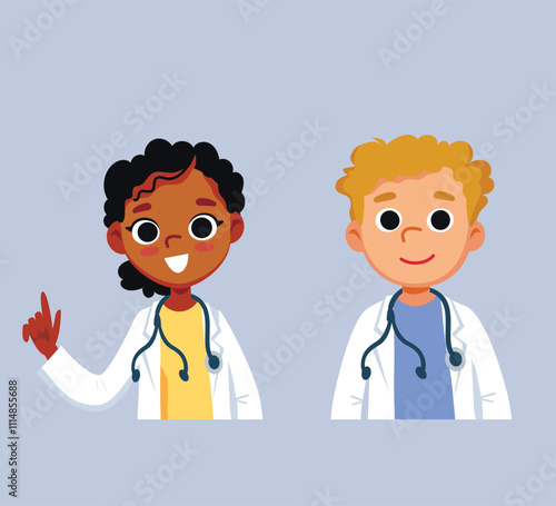 Portrait of female and male doctors, health professionals colleagues, physicians in white scrubs, medical coat with stethoscope over neck, standing. Portrait of professionals. Flat vector illustration