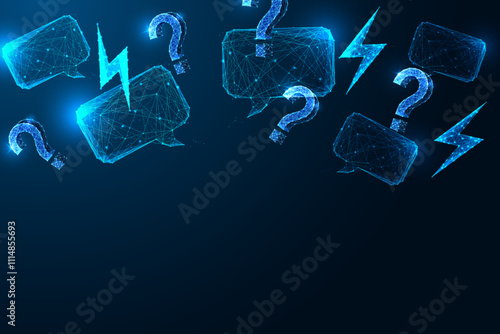 Digital anxiety concept with glowing speech bubbles, question marks, and lightning bolts.