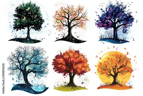 Seasonal tree vector illustrations representing different times the year