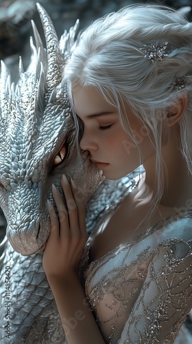 Mystical Beauty with White Dragon A Fantasy Portrait of a Woman and Mythical Creature