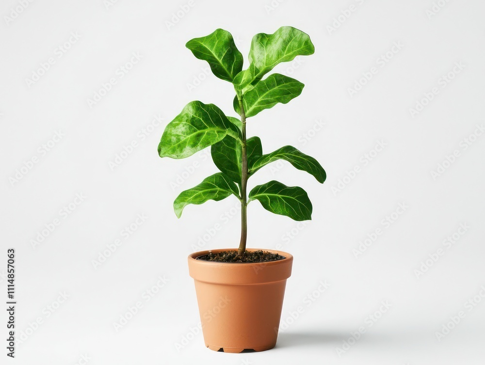 Single green plant in a pot isolated on white background, minimalistic look Single green plant in a pot isolated on white background, minimalistic look