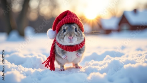 Silver gray hamster in red knitted hat and red scarf strolling on Christmas day to be healthy. Close-up of adorable hamster enjoying festive atmosphere. Concept of holiday cheer with gray hamster photo