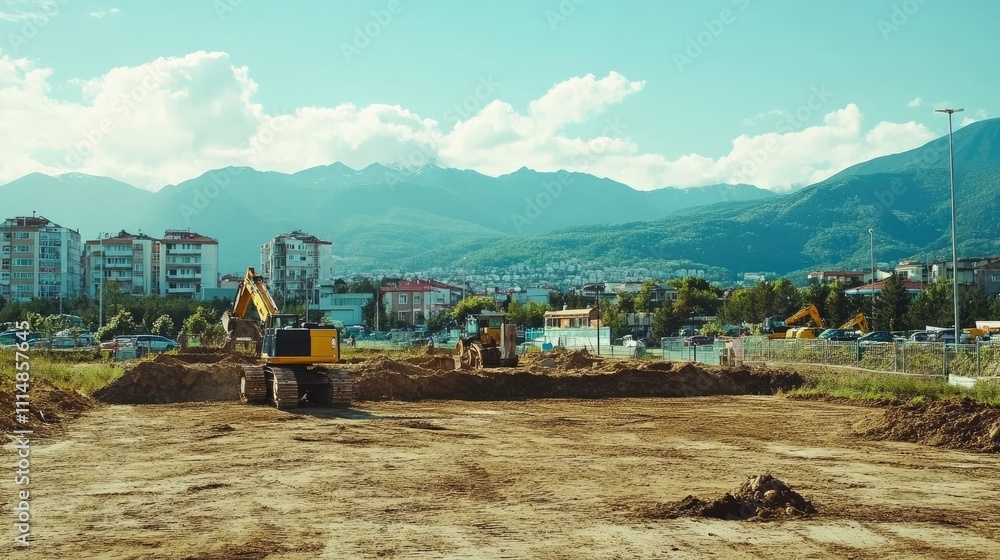 Fototapeta premium Construction Site with Machinery Surrounded by Mountains and Cityscape