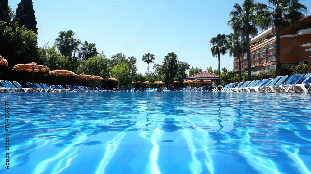 Fototapeta premium Tranquil Swimming Pool Surrounded by Lush Greenery and Sun Loungers