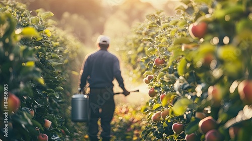 Farmer Walks Through Rows Of Apple Trees