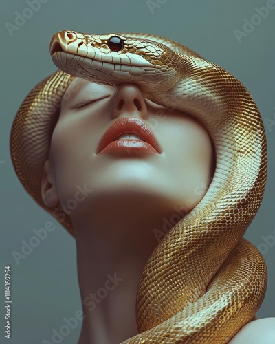 Serene Beauty. Close-Up Portrait of Sensual Woman with Golden Python Snake Around Her Head and Face.