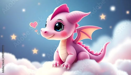 Tiny Baby Dragon Blowing Heart-Shaped Fire on a Cloud photo