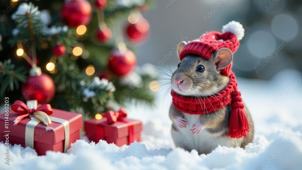 Djungarian hamster in red knitted hat and scarf preparing Christmas gifts for friends and waiting under tree. Cute djungarian hamster filled with holiday spirit. Concept giving with djungarian hamster Djungarian hamster in red knitted hat and scarf preparing Christmas gifts for friends and waiting under tree. Cute djungarian hamster filled with holiday spirit. Concept giving with djungarian hamster