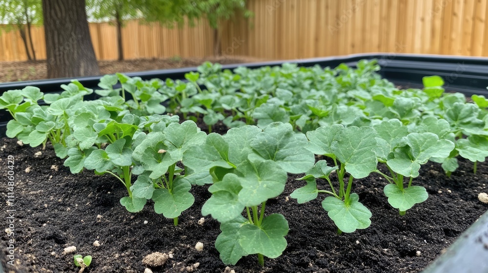 Lush Green Seedlings Growing in Garden Bed Under Clear Blue Sky Lush Green Seedlings Growing in Garden Bed Under Clear Blue Sky