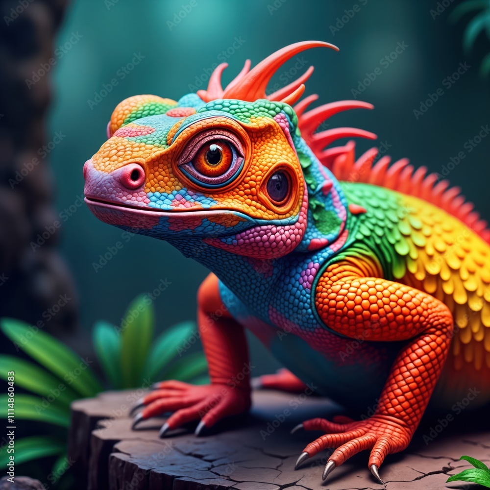 Fototapeta premium Colorful reptile close-up view. Vivid scales in vibrant colors. Detailed portrait style. Half face of creature. Red eyes. Exotic reptile species in rich jungle environment. Wildlife nature scene.