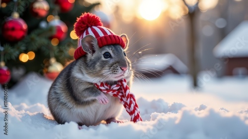 Gray hamster in knitted hat with pom-pom and scarf looking sad near Christmas tree on frosty day. Close-up of sad hamster reflecting holiday emotions. Concept of winter feelings with sad hamster photo