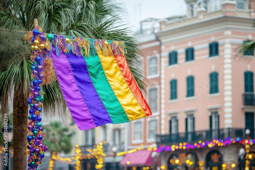 giant Mardi Gras flag being raised on the central square, live music creating a festive atmosphere, Mardi Gras, festivals, parades, cultural events, celebrations  photo