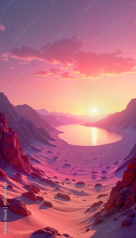 Fototapeta premium Purple desert landscape. Sunset over lake. Rocky mountains surround valley. Vivid colors, dramatic lighting. Photo style cos, photo quality high. 85 mm lens with shallow depth of field details. Scene