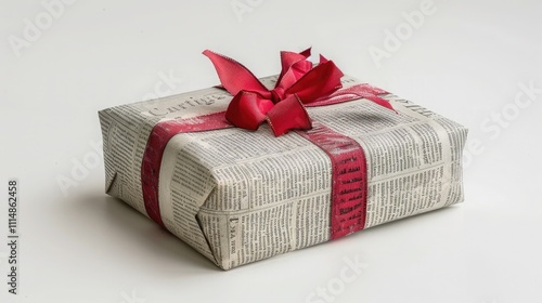  A charming Christmas gift box wrapped in newspaper with a red ribbon bow
