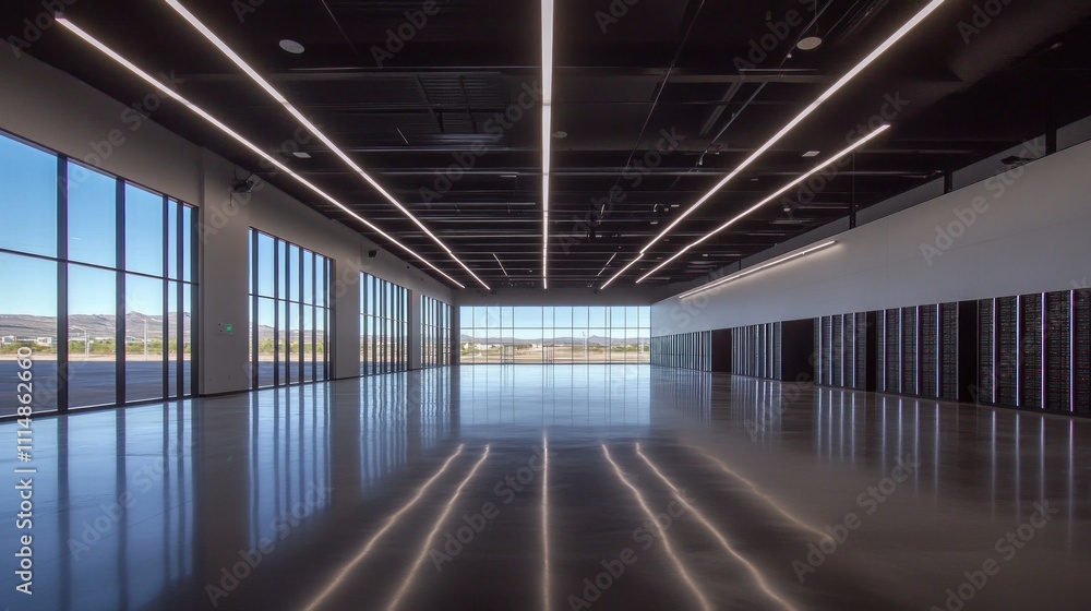 Fototapeta premium Modern empty event space with large windows and polished concrete floor, showcasing bright linear lighting.
