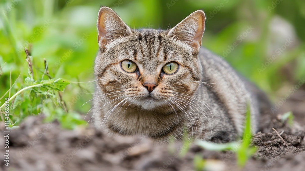 custom made wallpaper toronto digitalClose-up of a tabby cat in garden, looking directly at camera.
